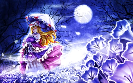 Yakumo Yukari - alone, yakumo yukari, touhou, rose, dark, anime girl, umbrella, night, cherry blossom, blonde hair, moon, female