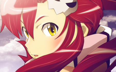 Yoko Ritona - yoko, blushing, long hair, skull, red hair, yoko littner, sky, clouds, yellow eyes, anime girl, gurren lagann, beautiful, hot, blush, beauty, ritona, tengen toppa gurren lagann, cute, sexy