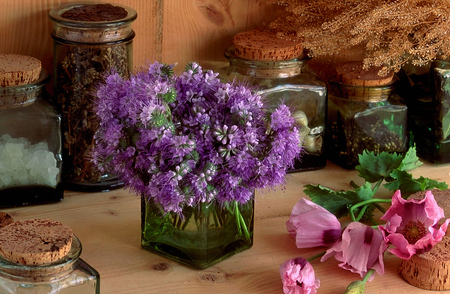 still life - kitchen desk, beautiful, bottles, flowers, still life, vase