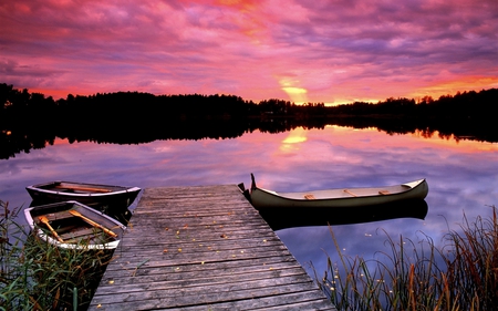 BOATS at REST - boats, sunset, lake, forest, dock, pedals