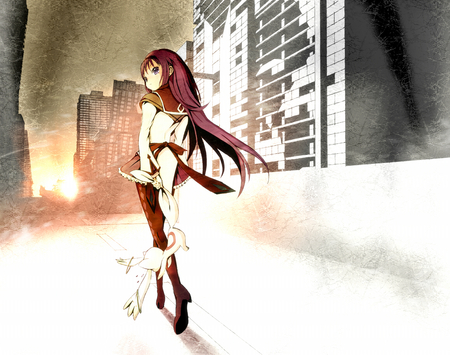 Akemi Homura - anime, akemi homura, skirt, girl, cool, long hair, mahou shoujo madoka magica, sunset, building