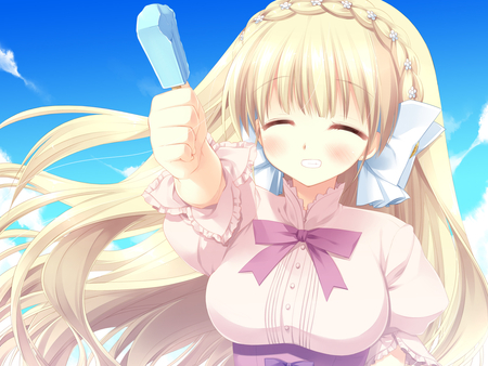 Anime - smile, blond, cute, blush, smiling, sky