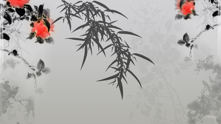 Chinese Blessing - abstract, sakura, tree, firefox persona, bamboo, gray, cherry blossoms, shadow, birds