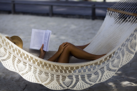 Peaceful summer evening - beauty, hat, girl, peaceful evening, summer, reading, hammok, book, legs, summer evening, sand, relax