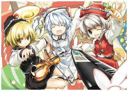 Prismriver Sisters - girls, touhou, instrument, hats, short hair, prismriver sisters, dress