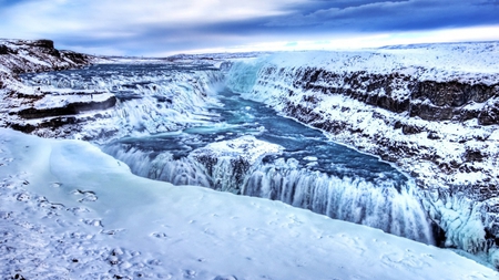 Frozen - clouds, winter, blue, snow, rock, river, ice, nature, cold, mountains, sky