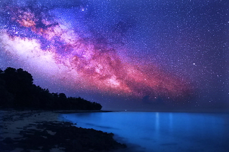 Touch  the stars - sky, ocean, milky way, stars, night, white, pink, blue, cliffs