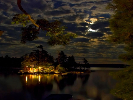 LIGHTED LAKE COTTAGE - moon, cottage, sky, lake, clouds, light, night