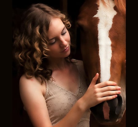 Tender touch - tender touch, white blaze, woman, friends, brown hair, affection, horse