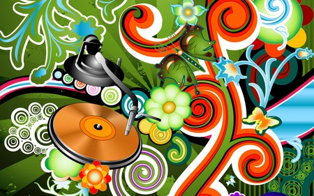 Record - flowers, abstract, green, butterfly, orange, record, player, swirls