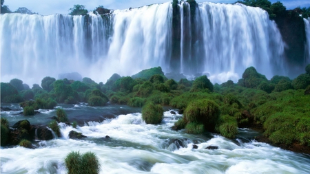 Large Waterfalls - sky, falls, water, waterfalls, bushes, white, nature, blue, river