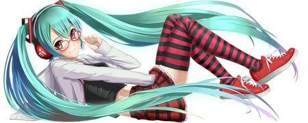 Hatsune Miku - pretty, artistic, pink, uniform, headphones, nice, program, hot, thighhighs, beauty, virtual, red eyes, cg, shoes, white, cute, aqua eyes, song, outfit, sexy, vocaloid, anime, twintail, hatsune miku, microphone, music, aqua, stockings, red, art, idol, anime girl, skirt, stripped, beautiful, singer, girl, cool, black, miku, glasses, awesome, diva, digital, aqua hair, hatsune, vocaloids, headset