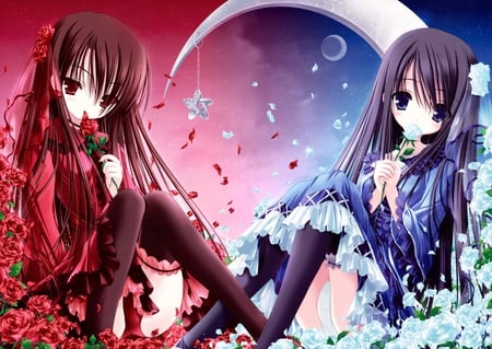 Sisters - moon, anime, blue, dress, girl, flowers, red, sister, nice