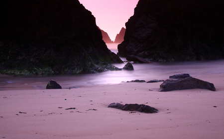 Beautiful View - beaches, beauty, sky, beach, peaceful, sunset, rocks, view, purple, clouds, sand, oasis, ocean, landscape, seascape, lovely, nature, beautiful, pink, splendor, colors, sunrise, sea