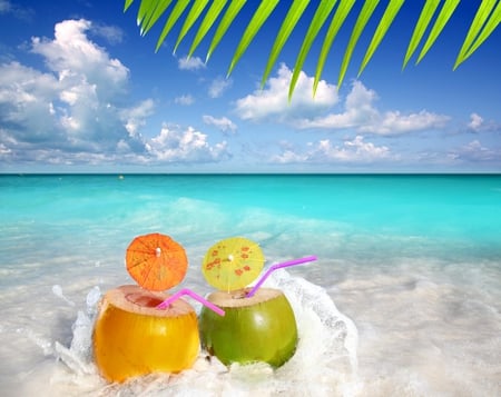 Summer Time - paradise, colorful, umbrellas, view, umbrella, summer time, holiday, tropical, waves, nature, coconut, beautiful, leaves, sea, cocktails, beauty, sky, beach, peaceful, water, juice, pretty, clouds, relax, ocean, cocktail, summer, lovely, exotic, blue, splendor, colors, drinks