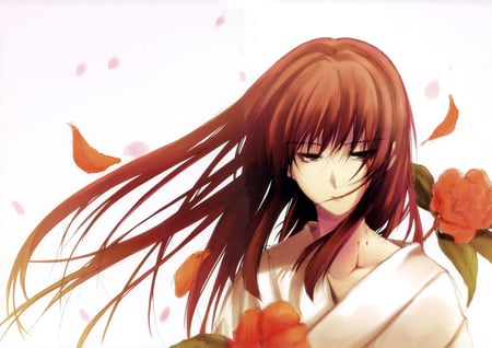 anime - long brown hair, flowers, tear blood, cute