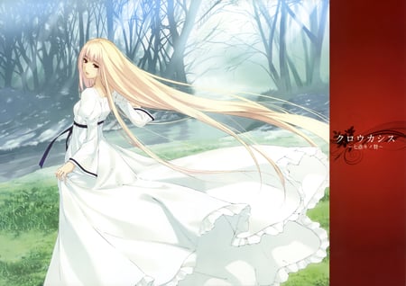 anime - blond, long hair, white dress, cute