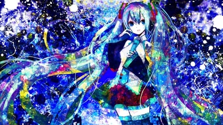 Hatsune Miku - aqua, hot, headset, thighhighs, colorful, music, anime girl, stockings, white, art, purple, cool, artistic, hatsune miku, sexy, skirt, rainbow, song, vocaloids, program, vocaloid, pink, beautiful, uniform, diva, beauty, nice, twintail, singer, black, virtual, pretty, idol, anime, miku, cute, girl, cg, hatsune, microphone, red, blue, headphones, tie, awesome, colors, digital, gray, outfit