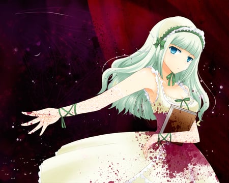 Claire Bernardus - girl, claire bernardus, anime, long hair, blood, umineko no naku koro ni, green hair, book