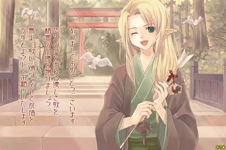 Hello - elf, girl, long hair, bird, green eyes, forest, blonde hair, anime, animal, wink, japanese clothes, cute, asura fantasy online