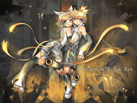 Ren & Rin Append - female, headphone, heart, append, anime girl, anime boy, blonde hair, ren kagamine, ribbon, rock, cute, male, dance, gold, butterfly, rin kagamine, vocaloid, sweet