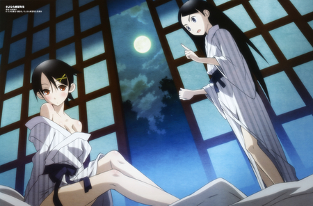 Secret Night - moon, anime, sayonara zetsubou sensei, kitsu chiri, fuura kafuka, kimono, night, cool, girls, morioka hideyuki, japanese clothes, cloud, sexy