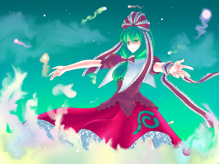 Kagiyama Hina - touhou, dress, girl, hina kagiyama, sky, ribbons