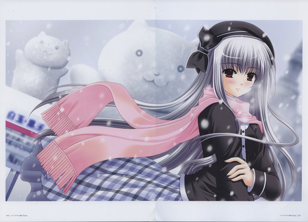 Anime - long hair, kitty, cute, snow