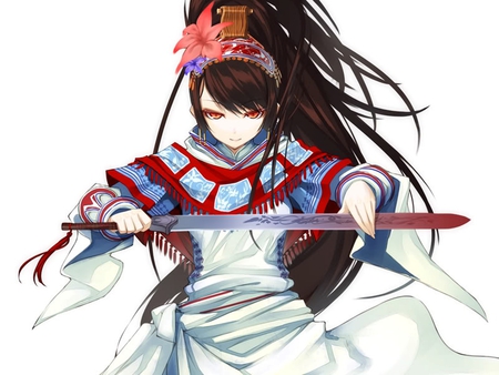 Original - red eyes, head band, long hair, weapon, black hair, flower, dress