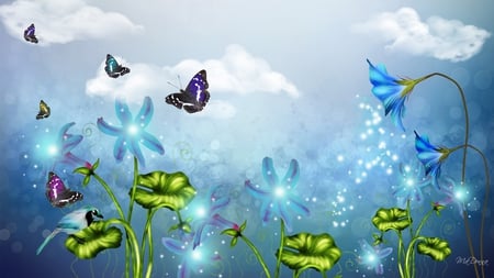 Blue Miracles - bird, bright, clouds, blue, flowers, sparkles, firefox persona, lights, butterflies