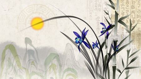 Purple Blue Orchids - orchids, sun, mountains, iris, art, abstract, oriental, firefox persona, bamboo, orient, flower