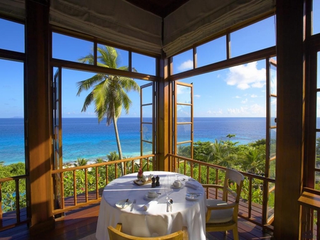 Luxury-hotel-Frgate-Island-Private-Seychelles - luxury, nature, beach, table, island, hotel, tree, sky