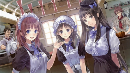 Maids - brown eyes, hat, blue eyes, long hair, red hair, 3girls, black hair, brown hair, head band, dress