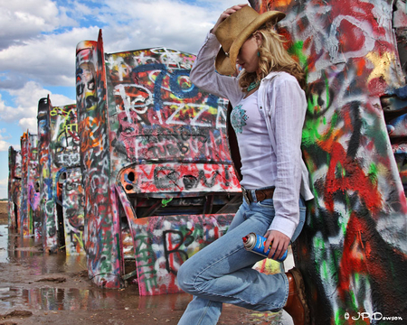 Cadillac Ranch - girl, ranch, paint, cadillac