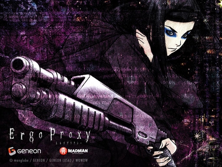 ergo proxy - anime, gun, girl, purple texture