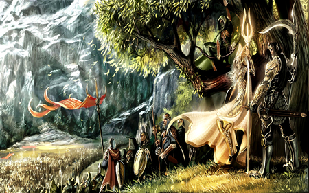 Marching for War - elf, human, anime, marching, war, forest, mountains, flag