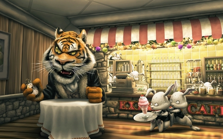 Hungry - ice cream, cartoon, hungry, funny, tycoon, bunny, rabbits, rabbit, restaurant, bunnies, table, anime, tiger