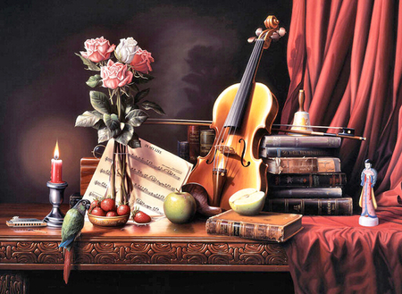 Distinction F5Cmp - strawberries, roses, book, artwork, violin, candle, parrot, still life, bell, music, apples, painting, fruit, art