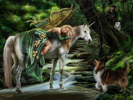 fantasy unicorn - artistic, collie, artwork, dog, beauty, forest, fantasy, animal, nature, horn, woman, wings, fairy, unicorn, art