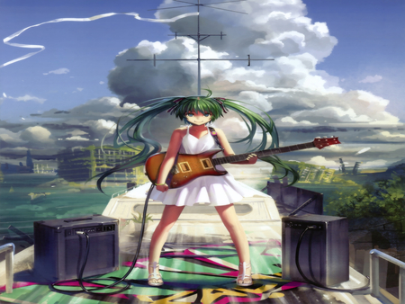 Summer Rock Music - hatsune miku, hot, guitar, music, summer, miku hatsune, cloud, cool, summer rock music, vocaloid, miku, rock