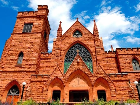 Church - clouds, blue, brick, church, architecture, religious, nature, color, rust, sky