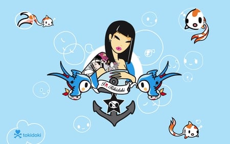 Tokidoki Doll - pretty, bird, tokidoki, birds, cartoon, lightblue, blue, girl, fishes, anchor, doll, cute, nice, fish, young