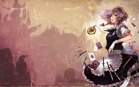 Izayoi Sakuya - pretty, stunning, short hair, touhou, weapon, anime girl, beautiful, hot, beauty, cool, maid, blade, izayoi sakuya, knife, awesome, gray hair, cute, sexy