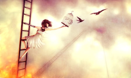 Be Free.. - anime, birds, stairs, beautiful girl, be free, tagme, anime short hair, sky