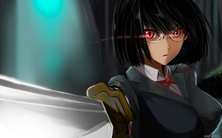 durarara!! - glasses, katana, black hair, seifuku, sword, weapon, red eyes, after image