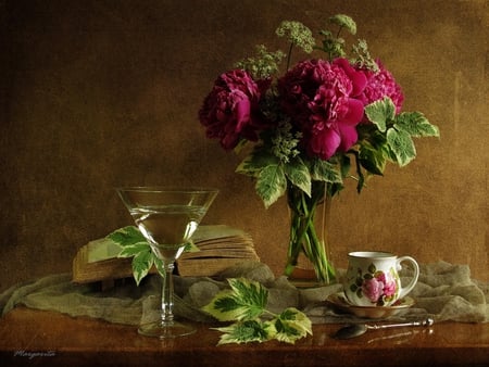 still life - beauty, nice, photography, bouquet, still life, book, peonies, pretty, cool, peony, old, harmony, scarf, lovely, vase, cup, beautiful, flowers, photo, elegantly, flower