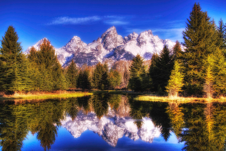 Landscape-HDR - beauty, nice, sky, trees, photography, water, rocks, pretty, reflection, cool, river, clouds, hdr, lake, mountain, landscape, lovely, nature, forest, snow, beautiful, colors