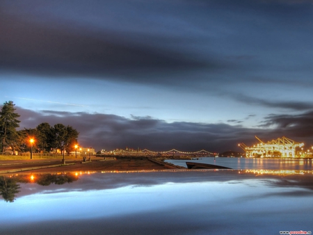 Night Life - sky, lake, shine, lights, building, water, clouds