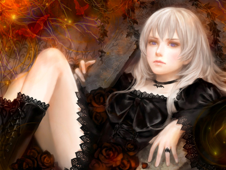 Dark Gothic - beauty, black dress, bats, female, goth, necklace, boots, anime girl, ring, gothic, rose, dark gothic, dark, pretty, white hair