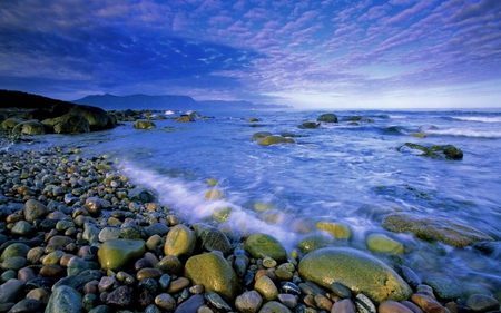 BLUE HORIZON - blue, beach, pebbles, ocean, stones, sky